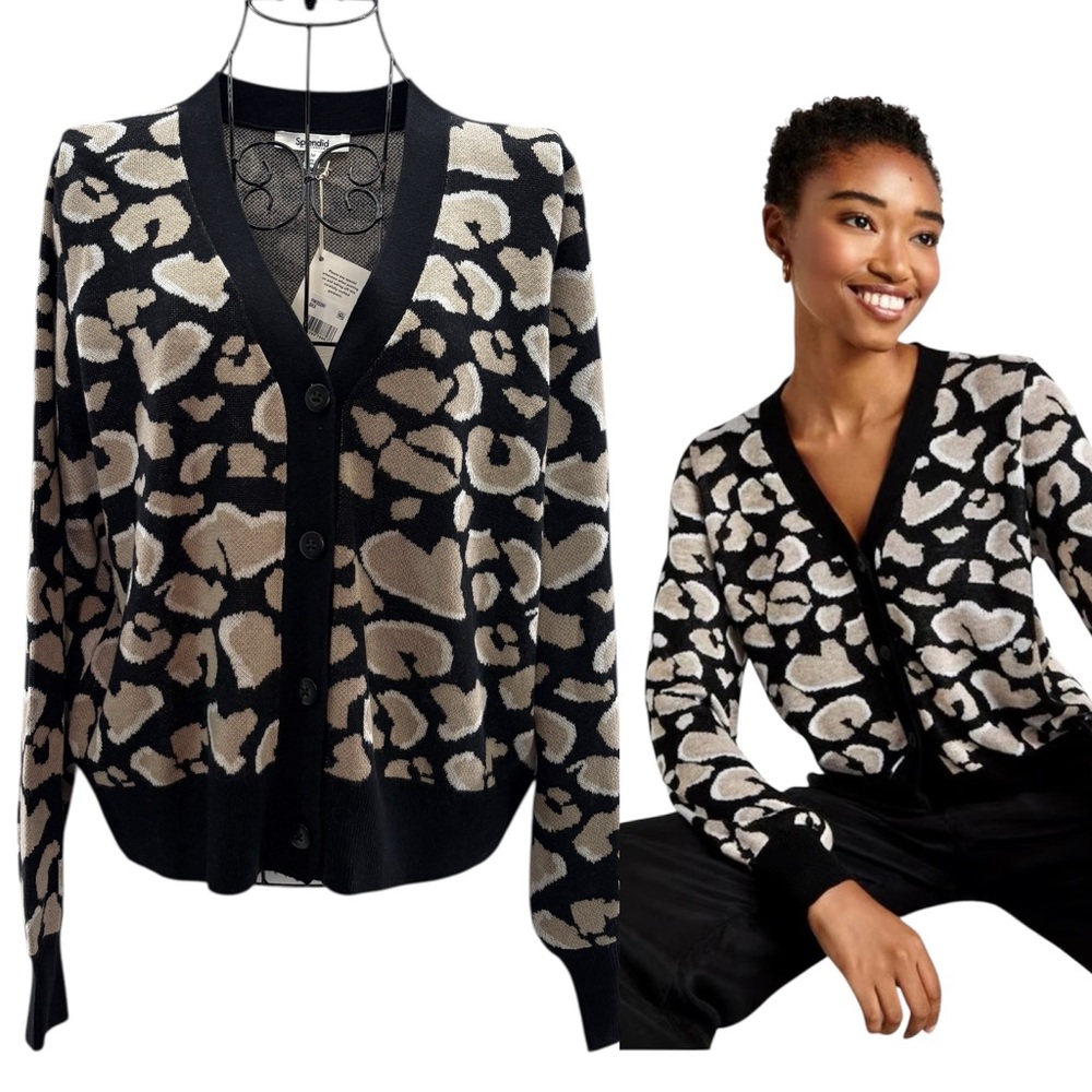 NEW Splendid Leopard Cashmere-Blend Cardigan Women's Size M Black Blend Sweater